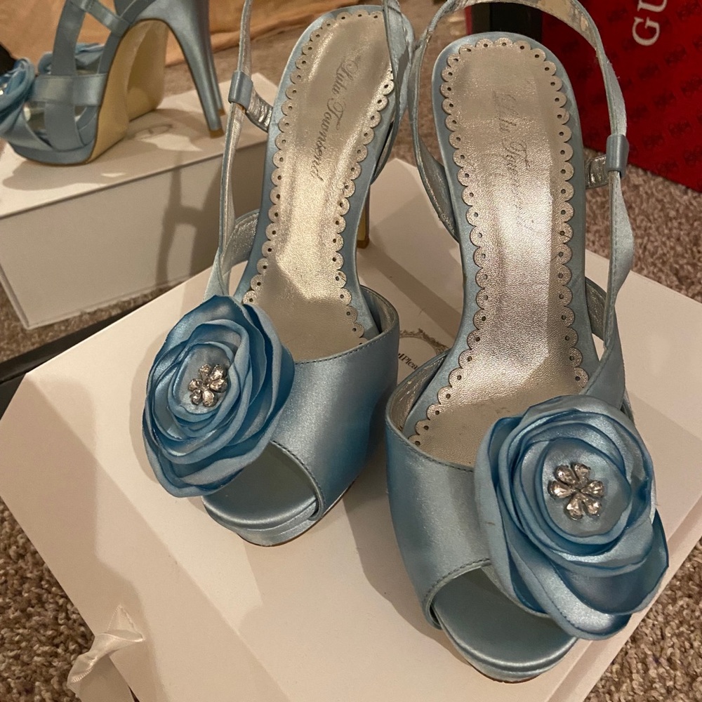 Bridal blue embellished rose ribbon satin heels